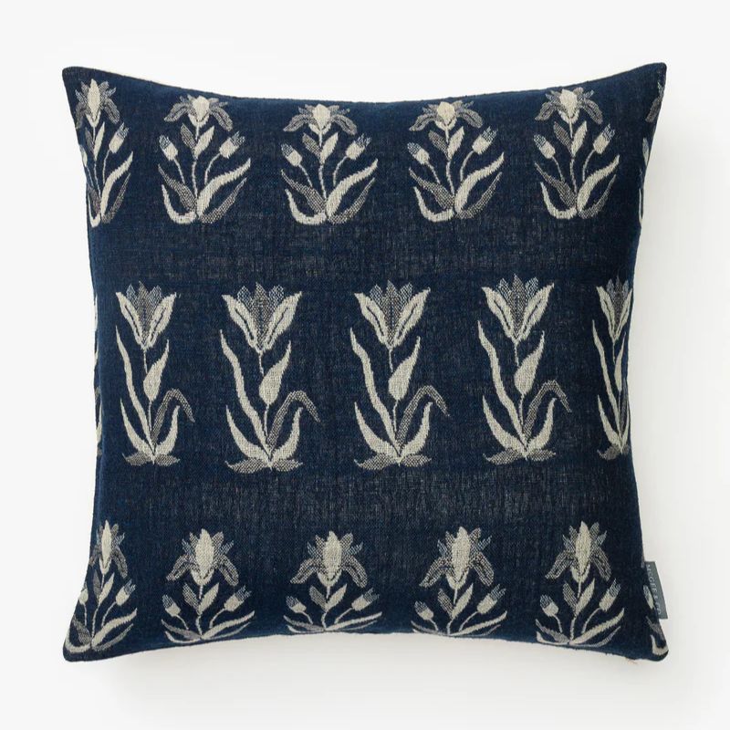 navy and white floral print cushion