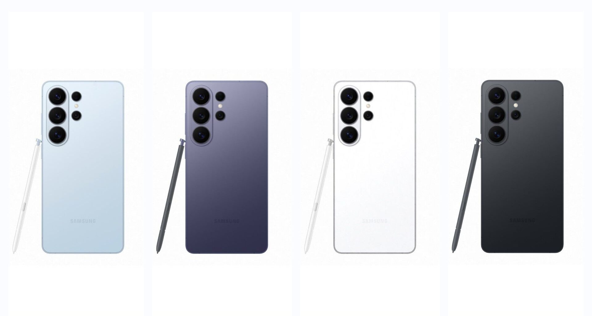 Samsung Galaxy S26 Ultra in blue, violet, white, and black showing the back alongside the S Pen