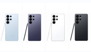 Samsung Galaxy S26 Ultra in blue, violet, white, and black showing the back alongside the S Pen
