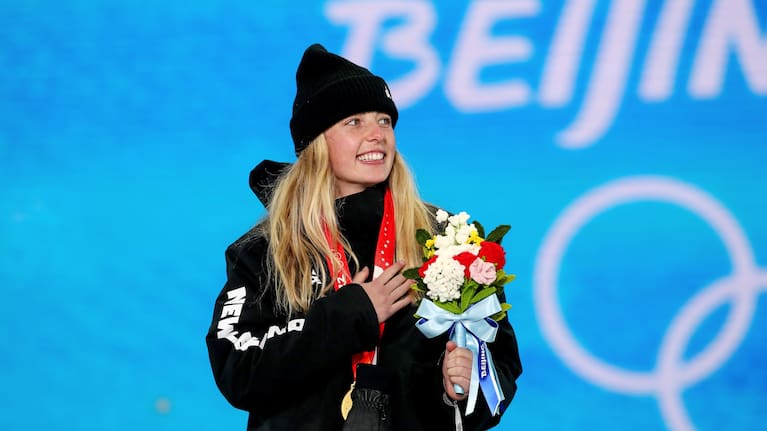 Zoi Sadowski-Synnott on the podium in Beijing.