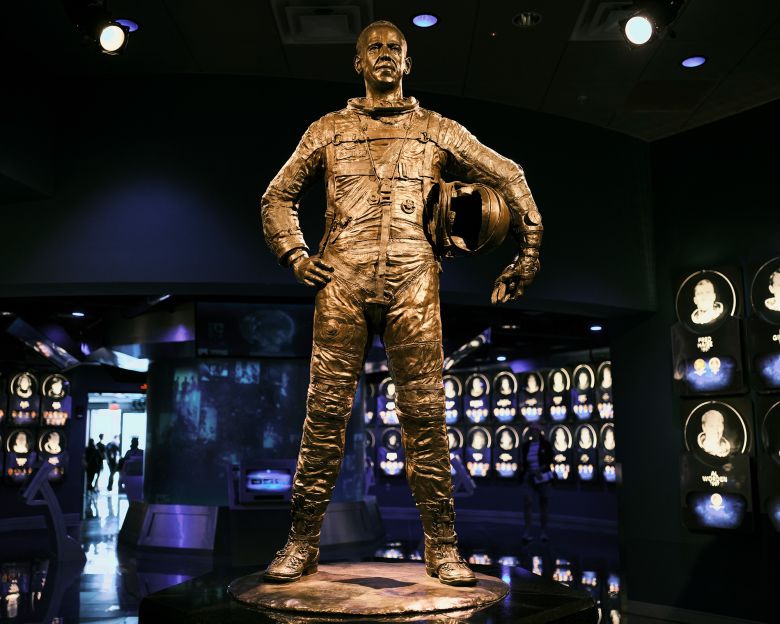 A statue of Alan Shepard, the first American in space, leads the United States Astronaut Hall of Fame inside the Kennedy Space Center Visitor Complex.