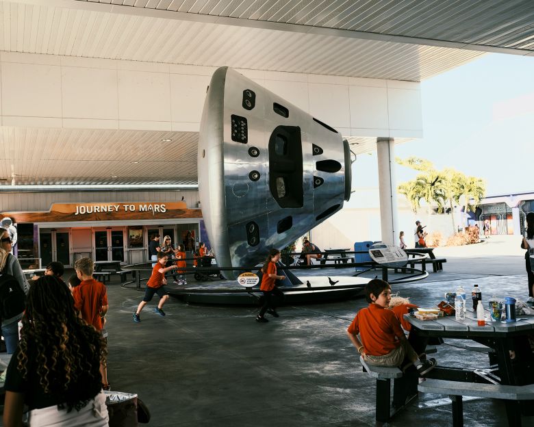 A displayed capsule in the picnic area of the Kennedy Space Center Visitor complex.