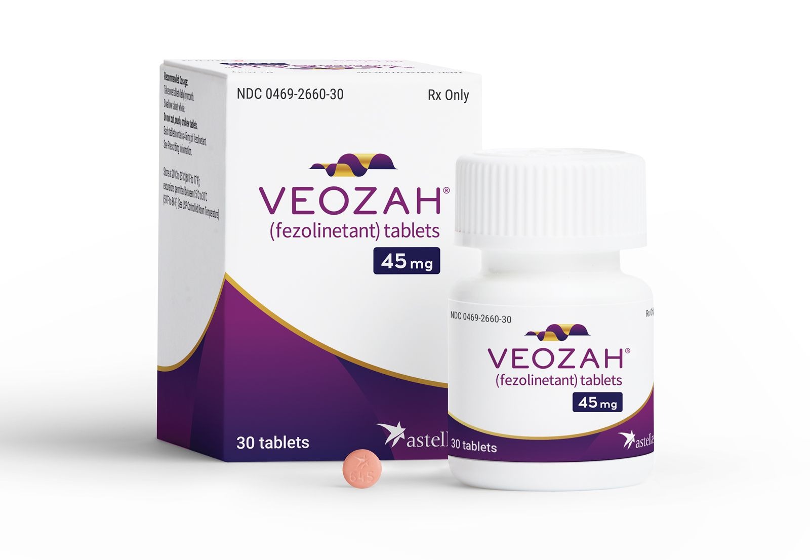 A box and bottle of Astellas' VEOZAH (fezolinetant) 45 mg tablets, with one pink pill in front.