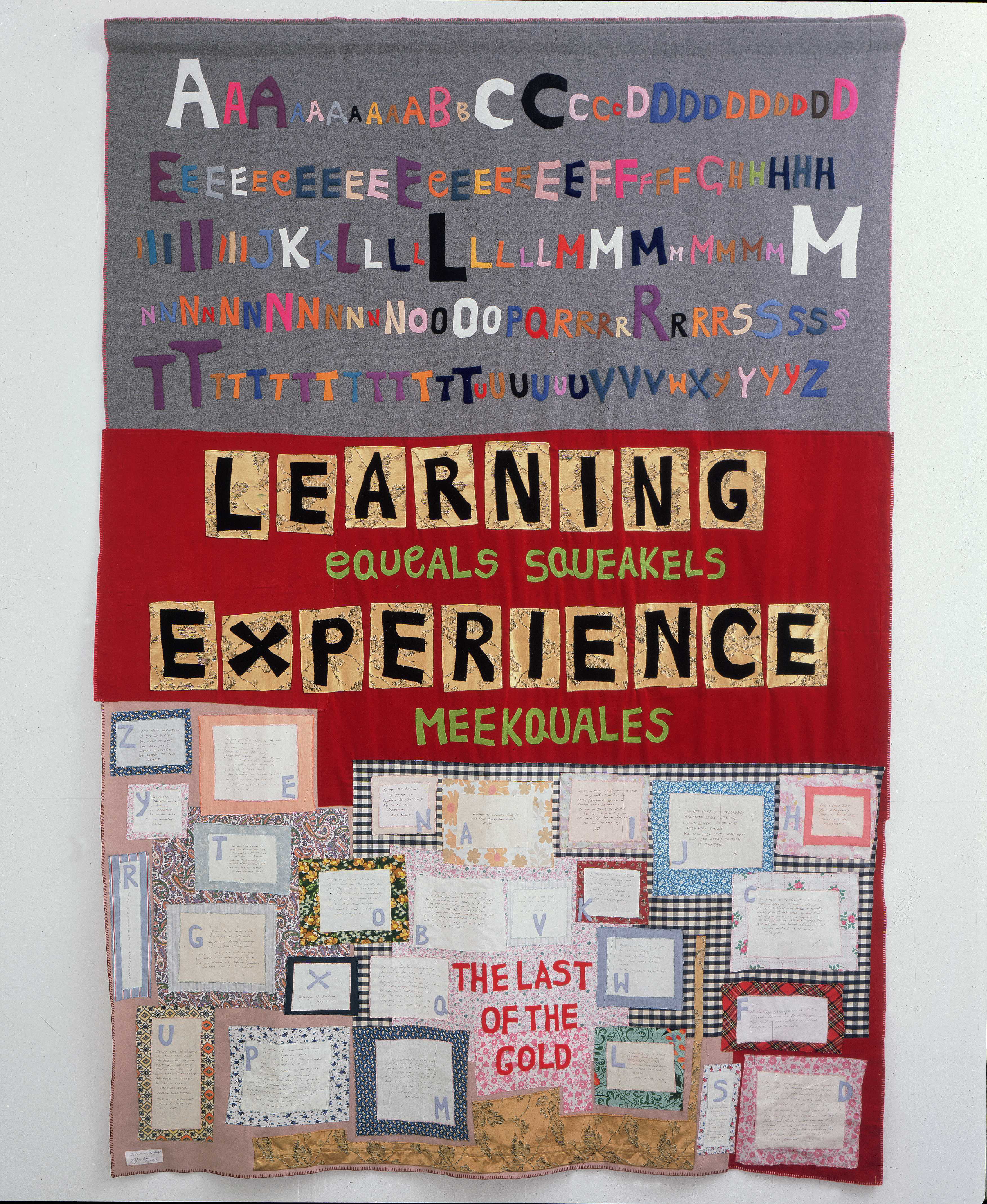 Illustration of a textile artwork with various letters and phrases.