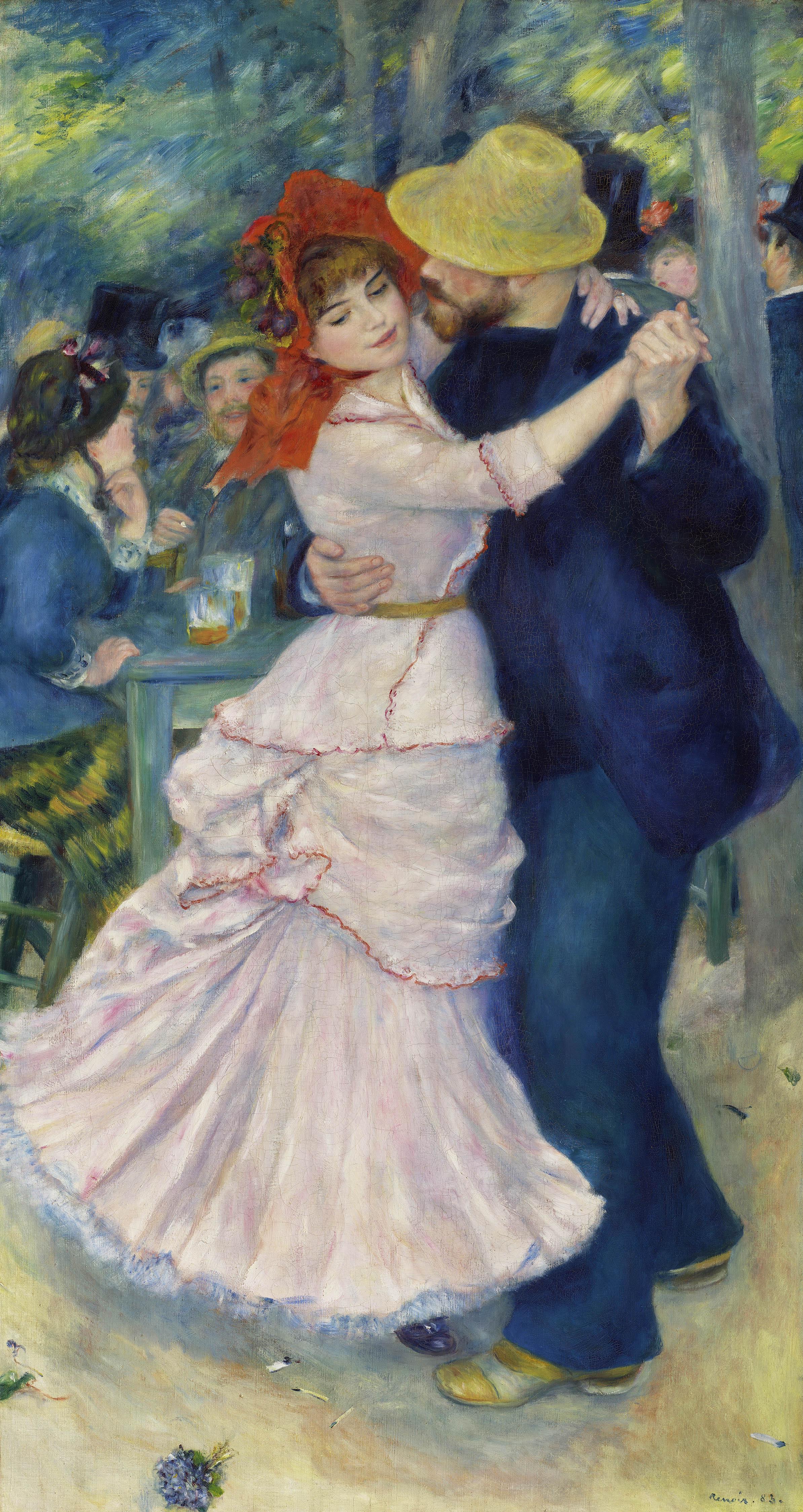 Illustration of a woman in a pink dress and a man in a blue suit dancing, surrounded by other people at tables.