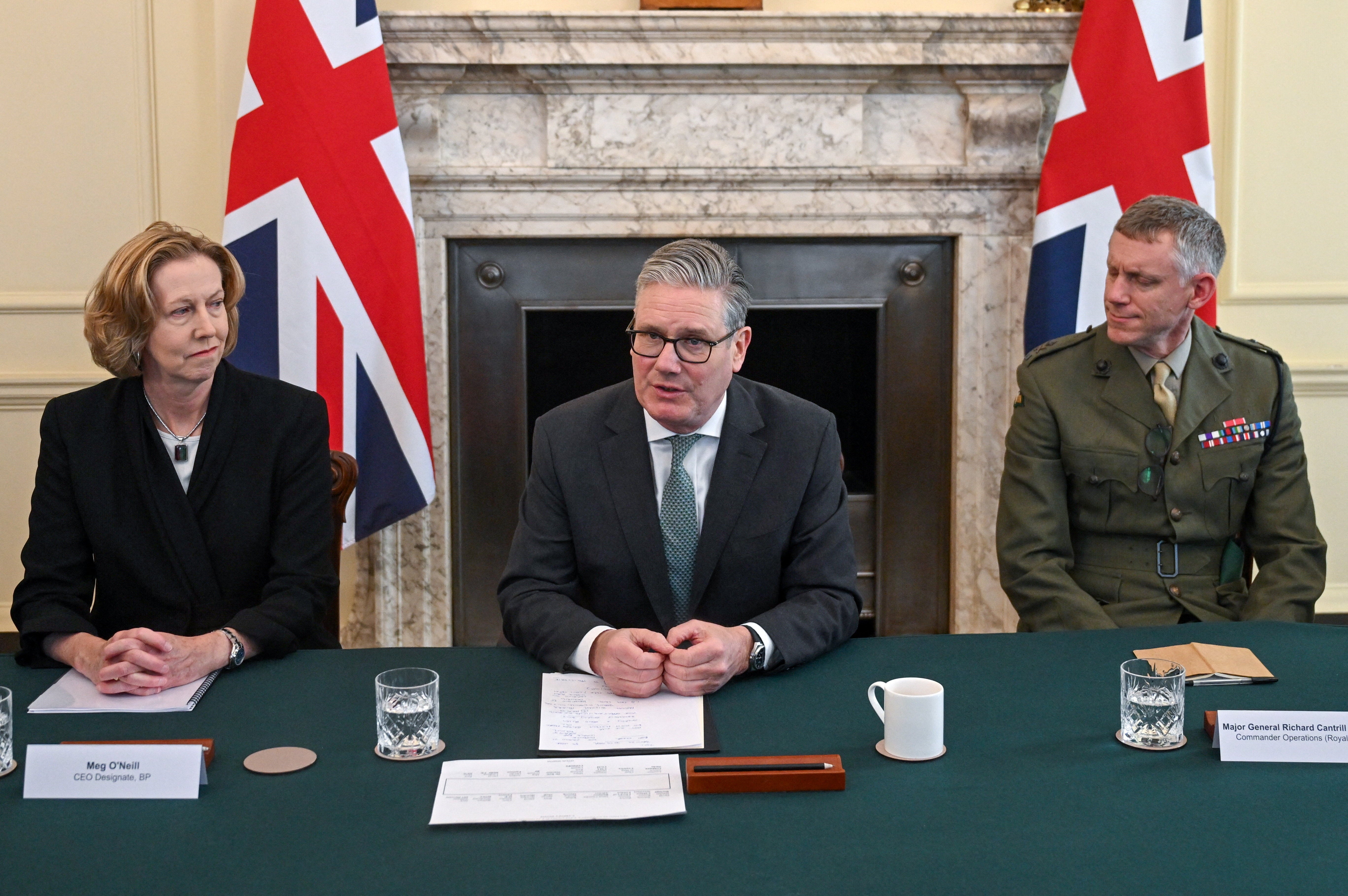 Starmer flanked by incoming BP boss Meg O’Neill and Maj Gen Richard Cantrill at a roundtable in Downing Street