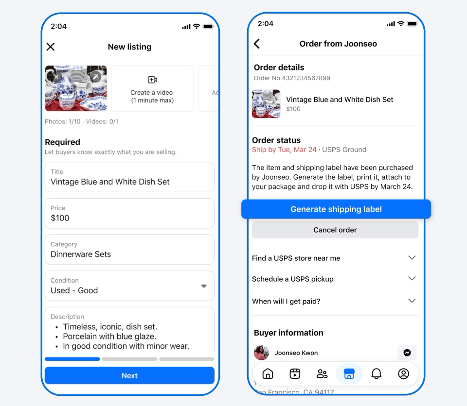 GIF showing the simplified user interface to ship items on Facebook Marketplace.