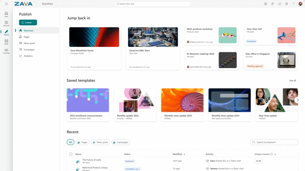 Screenshot of a SharePoint “Publish” dashboard showing a left navigation menu and a main content area with sections titled “Jump back in,” “Saved templates,” and “Recent.” The page displays card-style tiles for team sites, workshops, announcements, and news updates, along with status labels such as published, scheduled, and pending approval. A search bar and filters appear near the top and within the recent content list.