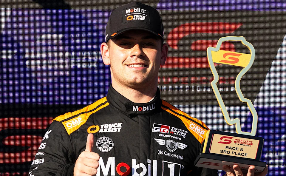 Ryan Wood, pictured here after coming third in the second Supercars race in Melbourne.