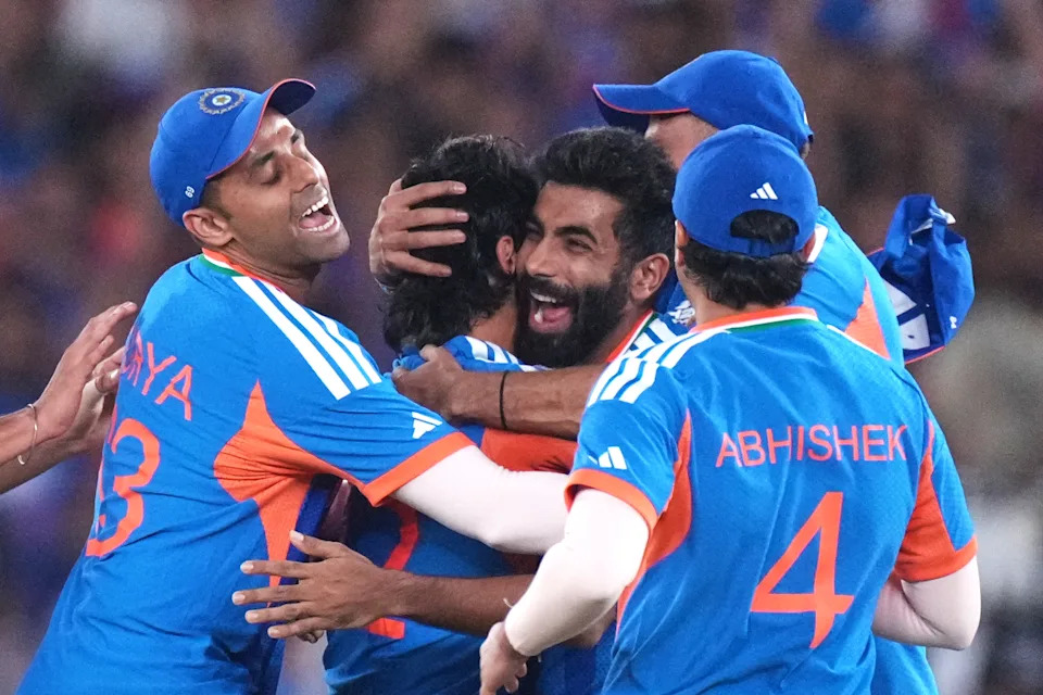 Seen here, India fast bowler  Jasprit Bumrah celebrates with teammates after a wicket against New Zealand in the T20 World Cup final. 