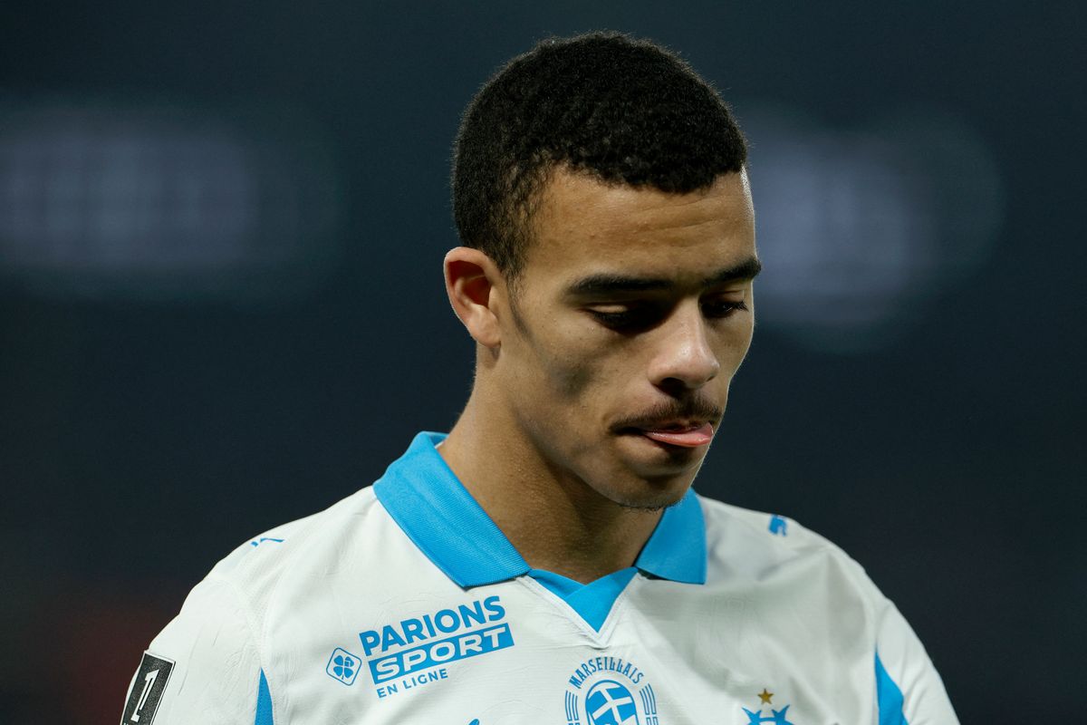 Marseille's English forward #10 Mason Greenwood reacts during the French L1 football match between Paris Saint-Germain (PSG) and Olympique de Marseille (OM) at the Parc des Princes stadium in Paris on February 8, 2026