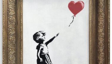A framed artwork of a child reaching for a red heart-shaped balloon on a white background.