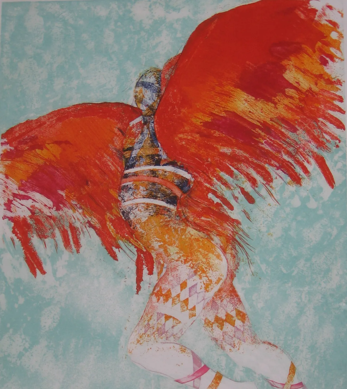Illustration of Icarus with large red wings and patterned clothing by Swietlan Kraczyna.