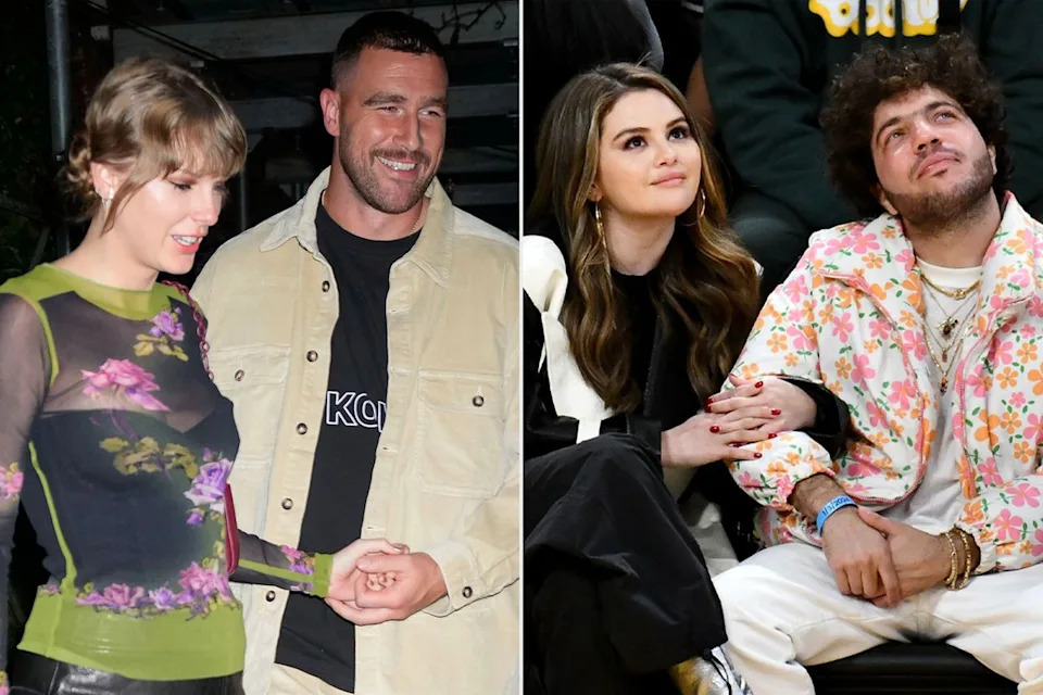 Taylor Swift and Travis Kelce; Selena Gomez and Benny BlancoCredit: Getty (2)