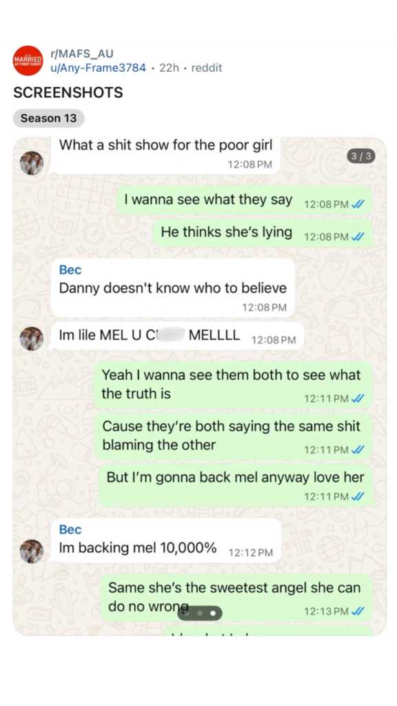 MAFS screenshots between Bec and Gia and Brook