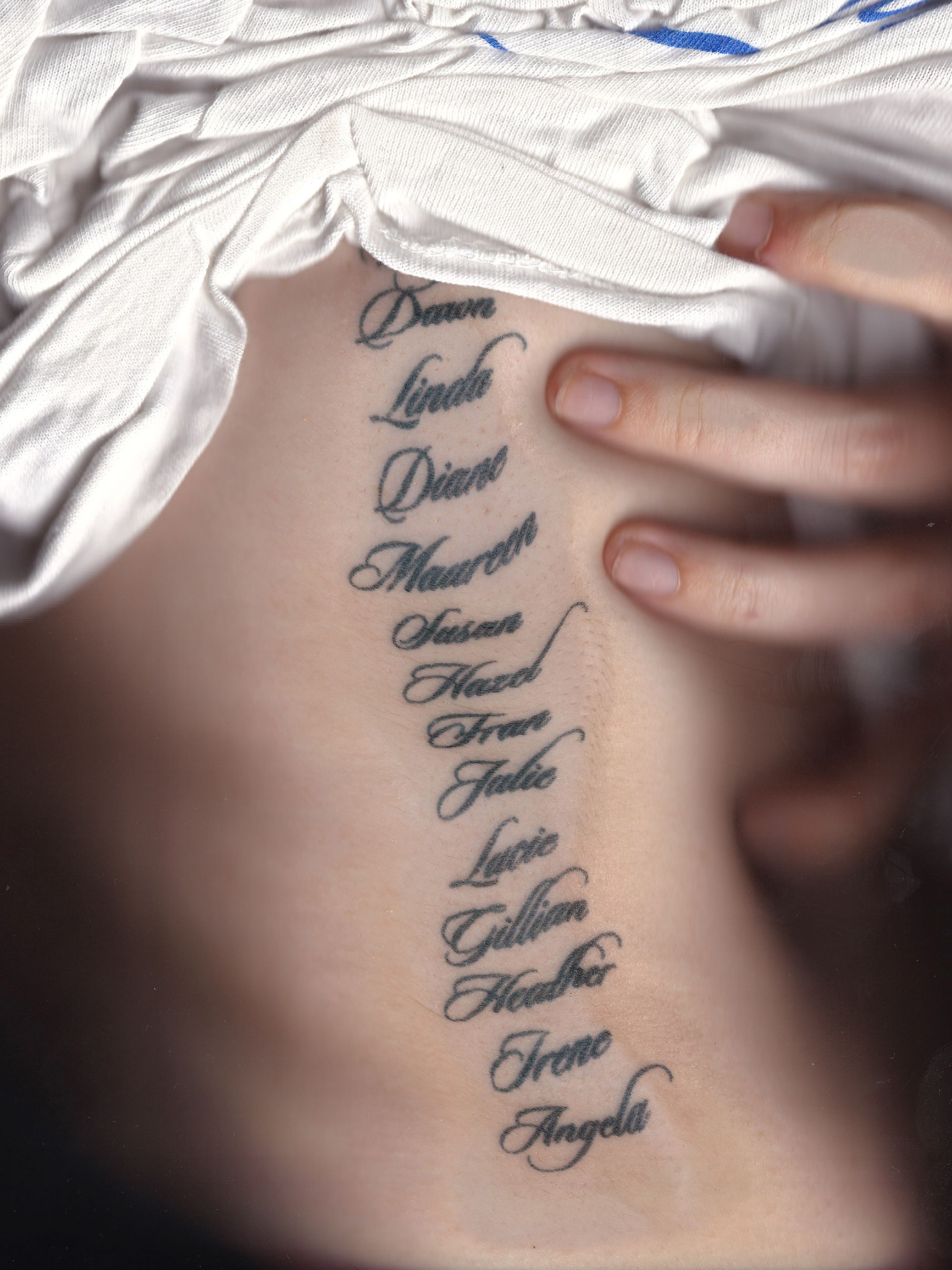 Richardson’s ‘Temporary’ (2025), in which she had the names of her ex-lovers’ mothers tattooed on her ribcage