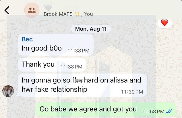 By this time, leaked texts had begun circulating among the cast - allegedly sent between Bec, Gia and Brook Crompton, and featuring brutal comments about Alissa