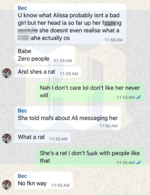 Pictured: A snapshot of the vicious WhatsApp group chat, in which Alissa was labelled a 'rat'