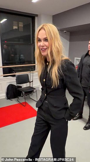 Kidman, 58, slipped her slim, statuesque 5ft11in figure into a smart black pantsuit selected by stylist Jason Bolden