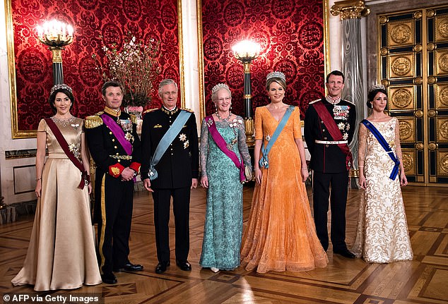 This picture taken almost a decade ago during the reign of Queen Margrethe (centre) represented a time when the Danish Royal Family was flush with senior working royal members. The family are pictured with Queen Mathilde of Belgium (third from right) in 2017. From left to right Mary, Frederik, the late Prince Henrik, Prince Joachim and Princess Marie