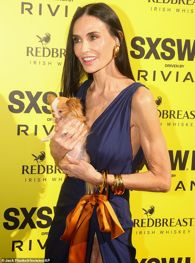 Her date to the premiere was her 1.2lb miniature chihuahua Pilaf, whom she has carried to a string of public events in the past