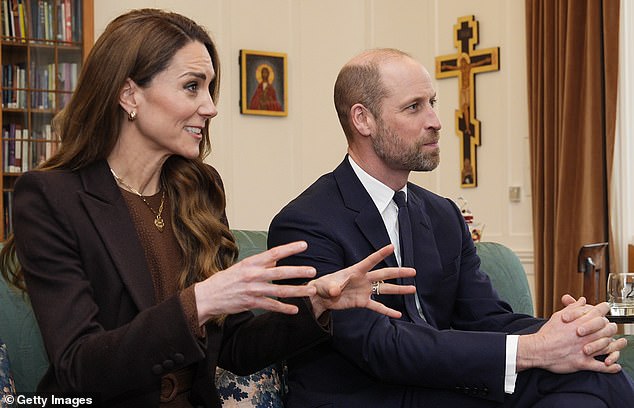 Catherine, Princess of Wales, and Prince William speak with the Archbishop of Canterbury, Dame Sarah Mullally, in February 2026
