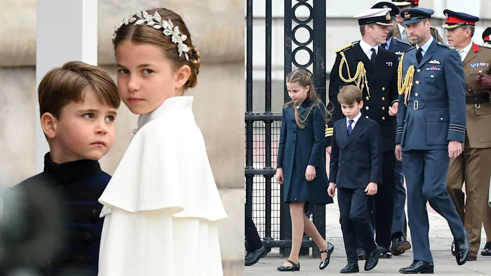 Princess Charlotte in a white cape standing with Prince Louis; Prince Louis and Princess Charlotte walking in front of Prince William, who is wearing a military uniform.