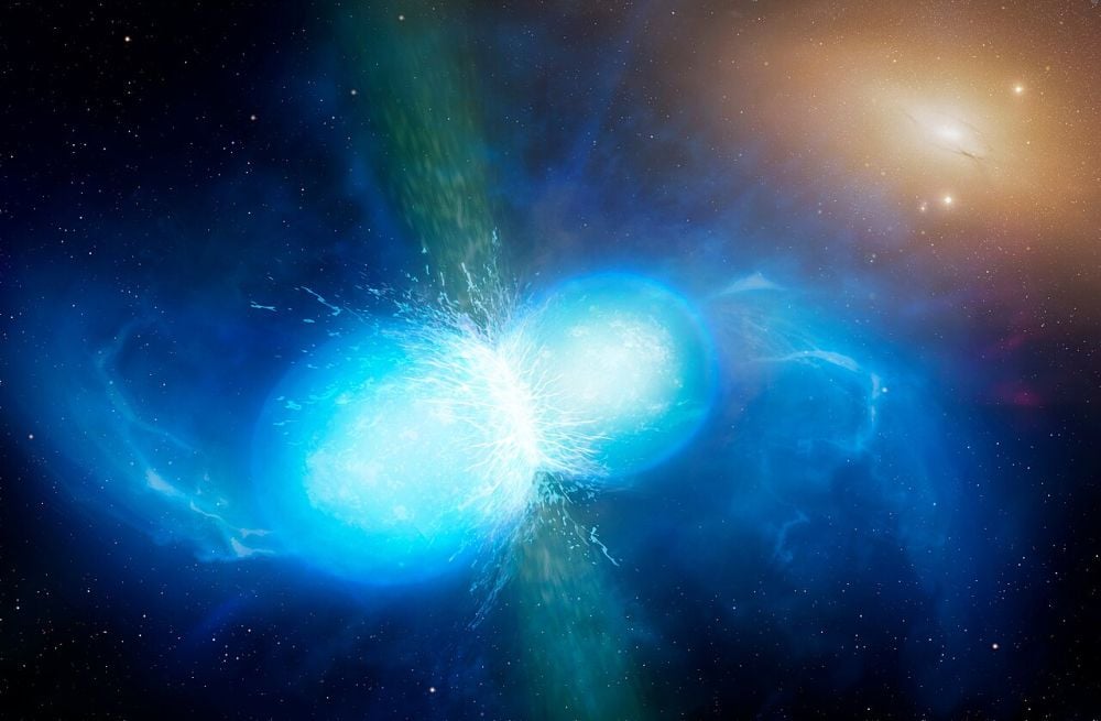 This artist's illustration shows a pair of merging neutron stars. These mergers result in kilonova explosions, and leave behind either a more massive neutron star or a black hole. Researchers used supercomputers to simulate this type of event observe the pair's magnetic fields as they become intertwined, and what type of electromagnetic signals they emit. Image Credit: By University of Warwick/Mark Garlick, CC BY 4.0, https://commons.wikimedia.org/w/index.php?curid=63436916