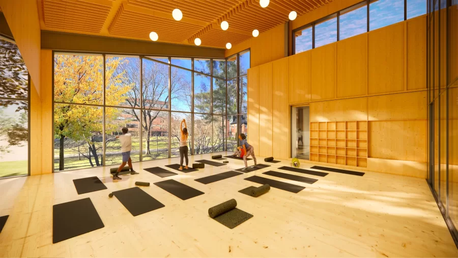 A studio for yoga and pilates on the second floor of the future Stoddard Fitness and Well-Being Center will look out on the Ladd Library Quad. The center will support students' personal health, wellness, and fitness goals, allowing for improved workouts for all — from varsity and club athletes preparing for their next big competition to students integrating physical activity for balance in their lives. Architectural rendering from Sasaki Associates Inc.