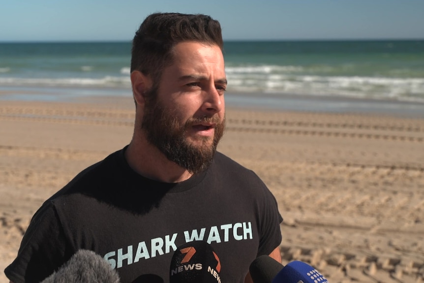 A man in a black T-shirt that says Shark Watch speaks to the media on the beach