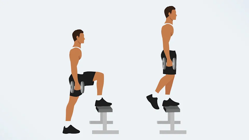 an illo of a man doing a dumbbell step up 