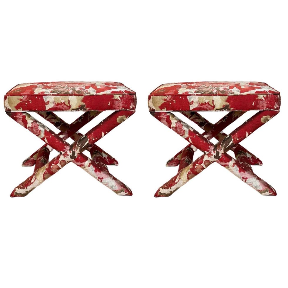 1990s Billy Baldwin X Style Upholstered Red Benches Ottomans– a Pair