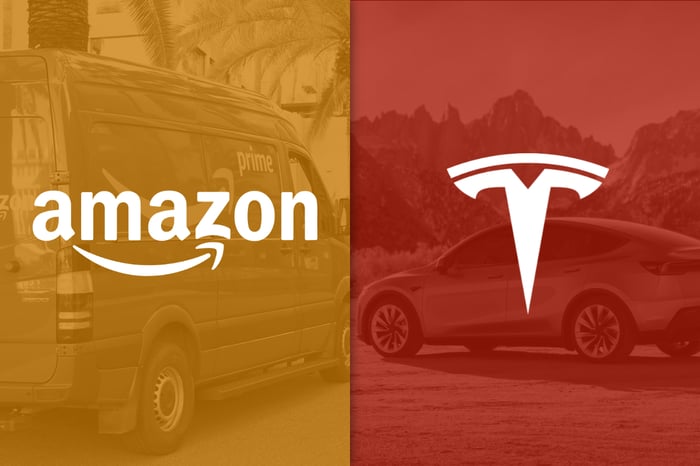 An image with both Amazon and Tesla's logos.