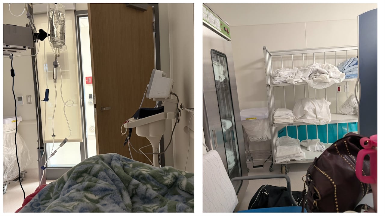 Two pictures. One of a small hospital room with iv poll and medical machine the other of a chair in front of metal shelf with towels