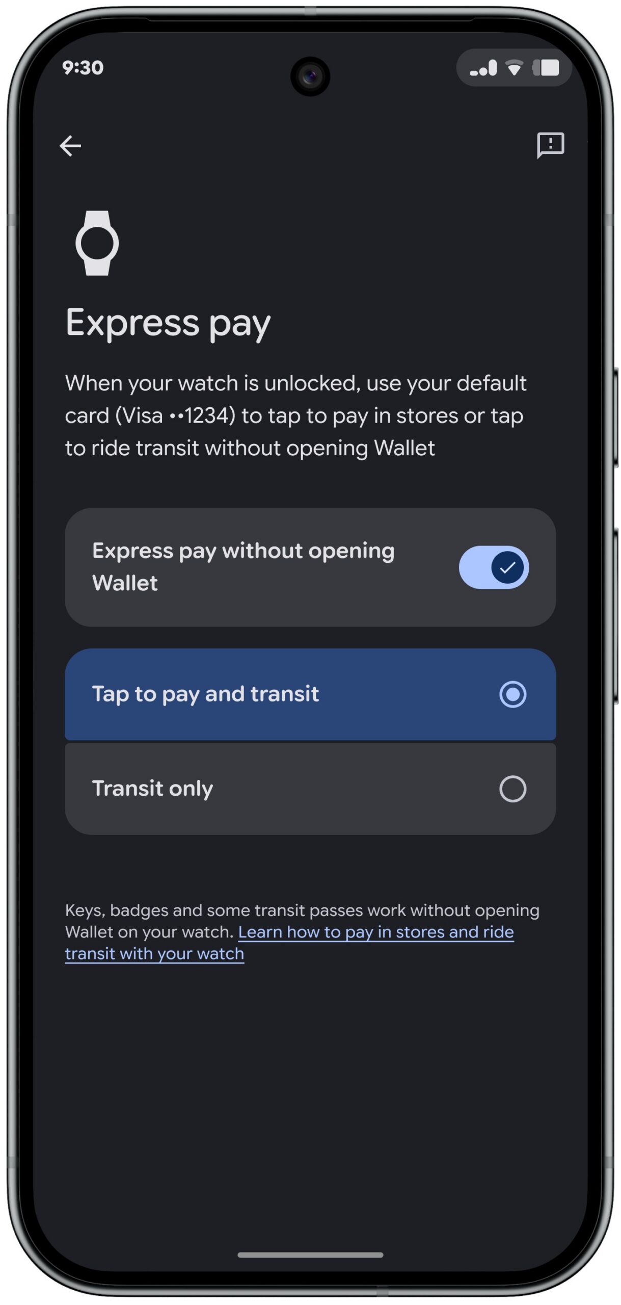 Pixel Watch Express Pay tap to pay