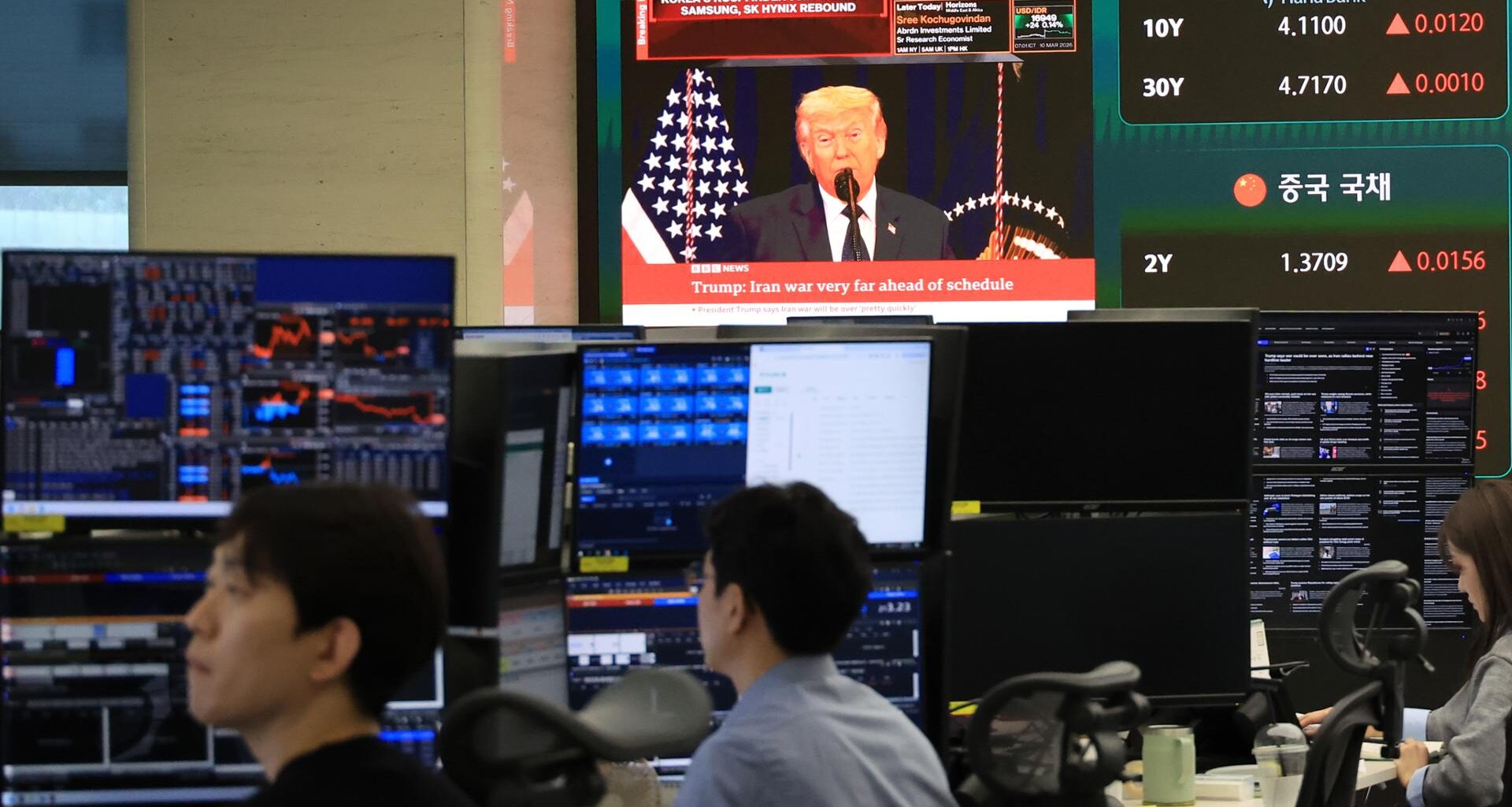 The dealing room of Hana Bank in Seoul, Tuesday / Yonhap
