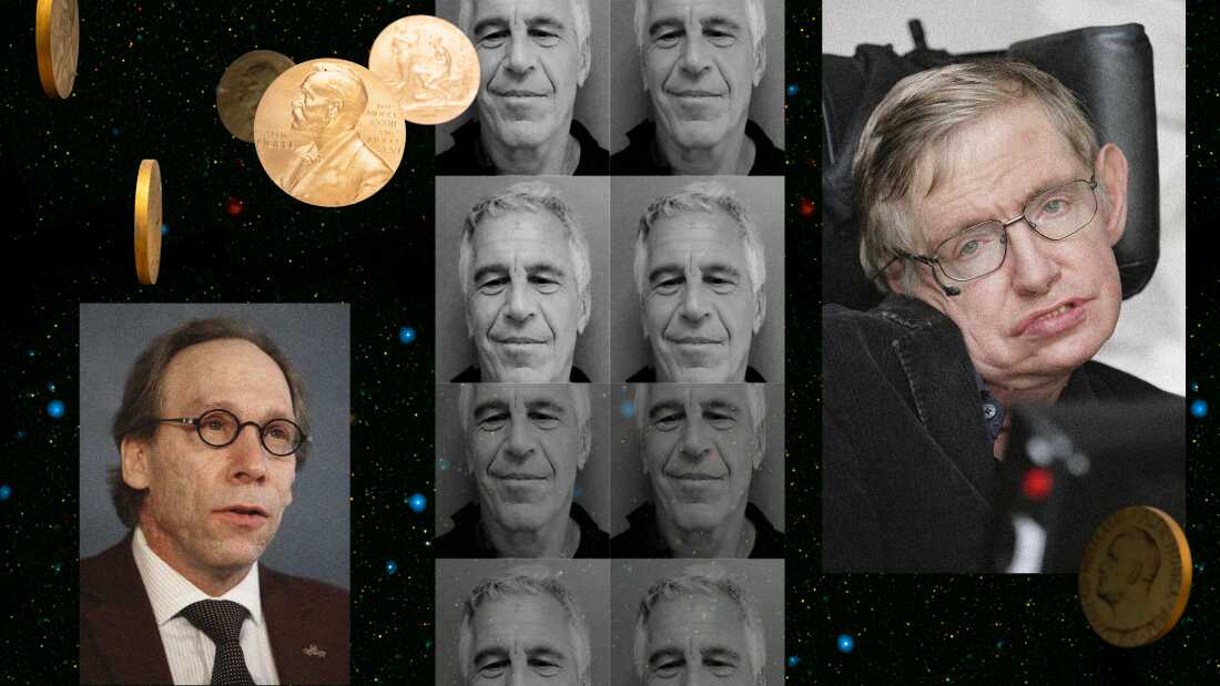 A collage of black-and-white photos of Jeffrey Epstein's mug shot next to photos of scientists Stephen Hawking and Lawrence Krauss, all against a background of galaxies, black holes and Nobel Prize medals.