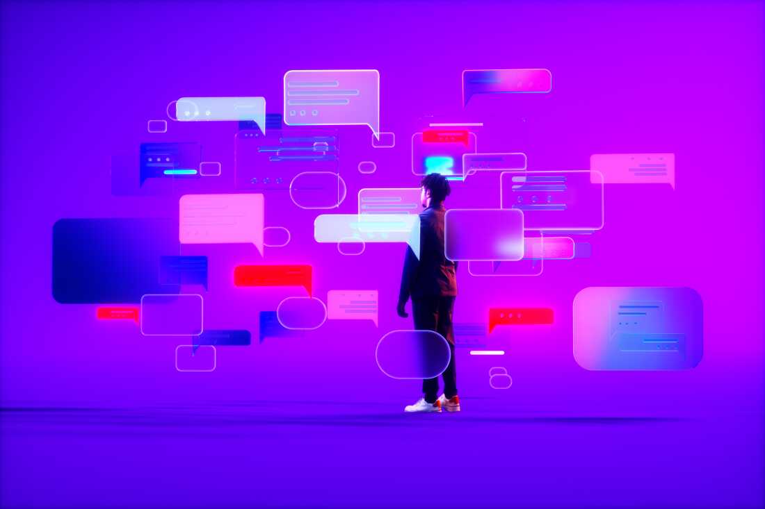 Digital generated image of african american ethnicity young man wearing suit standing on purple ramp and looking to multiple message chat icons. Artificial intelligence chatbot communication concept.