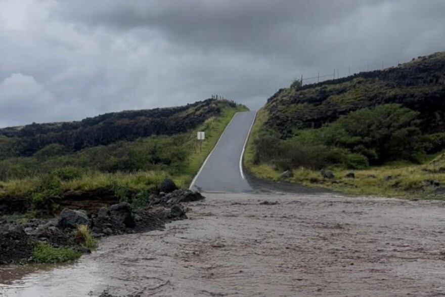 A photo provided by Maui County shows flooding from days of downpours in Hāna, Hawaiʻi, on Friday, March 13, 2026.