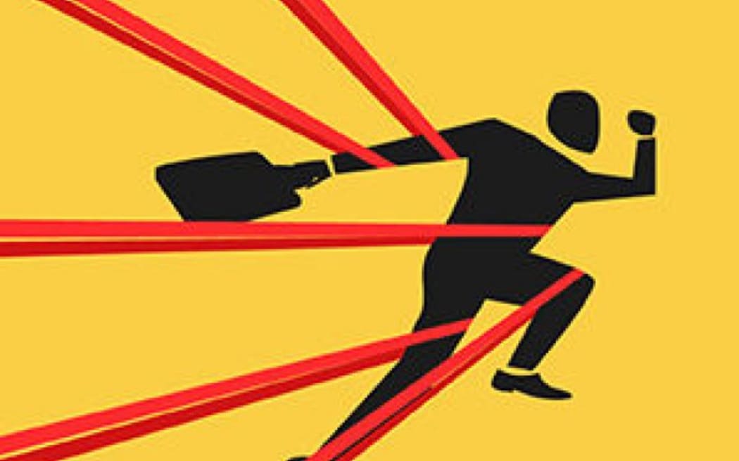 A businessman, attempting to leap forward, is held back by red tape.