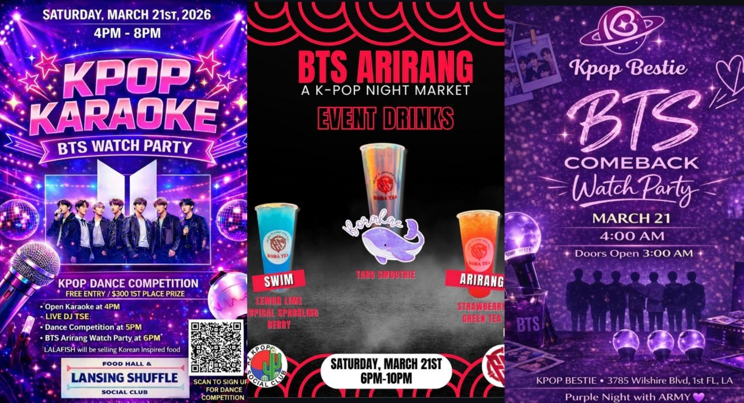 Flyers promoting the BTS comeback concert watch parties in cities across the U.S. are shared on social media. Captured from Instagram