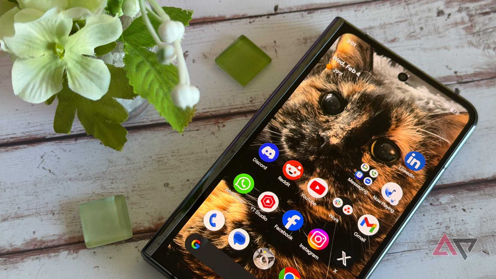Google Pixel Fold in a photo with some flowers