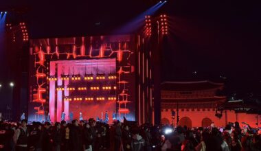 K-pop boy band BTS during its comback concert at Gwanghwamun Square in central Seoul, Saturday, filmed with Samsung