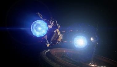 An in-game screenshot of a space ship firing its guns at a space station.