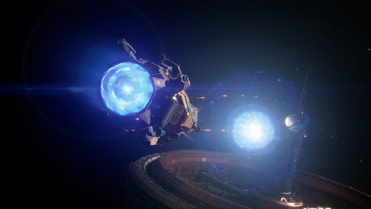 An in-game screenshot of a space ship firing its guns at a space station.