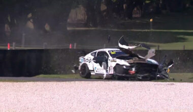 GT4 podium fight marred by massive Mustang crash