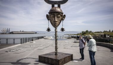 Giant mask sculpture made from industrial scrap turns heads at SF park