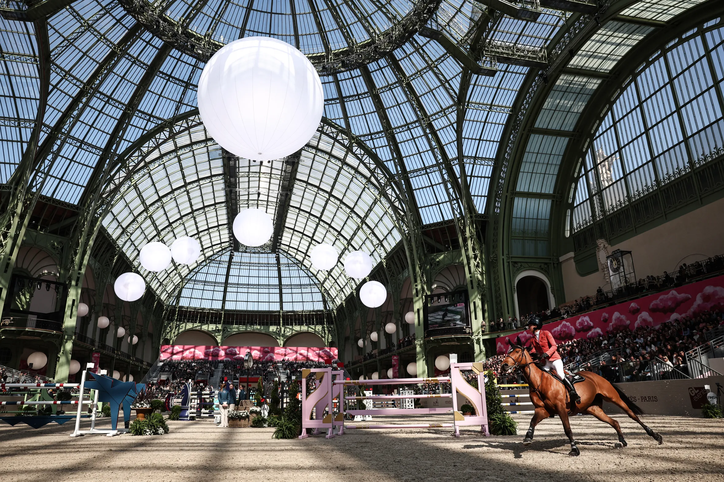 Skye Higgin riding Fly For You competes in a horse jumping competition indoors.