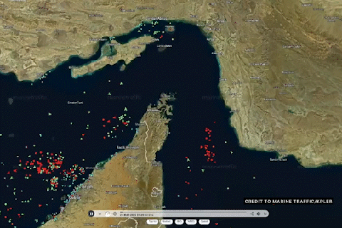 Animated map showing marine traffic in the Strait of Hormuz.
