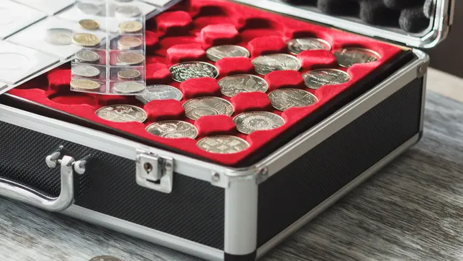 A case showcasing rare and valuable coins from a collector.